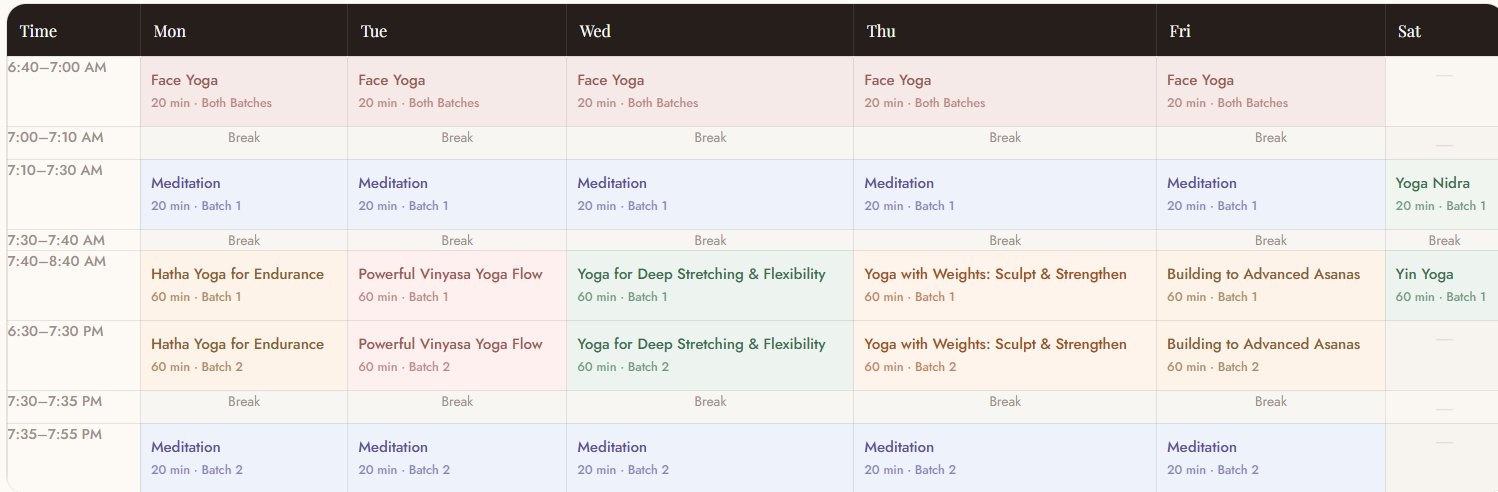 Full weekly class timetable showing Face Yoga, Meditation, Asana, Yin Yoga and Yoga Nidra across the week